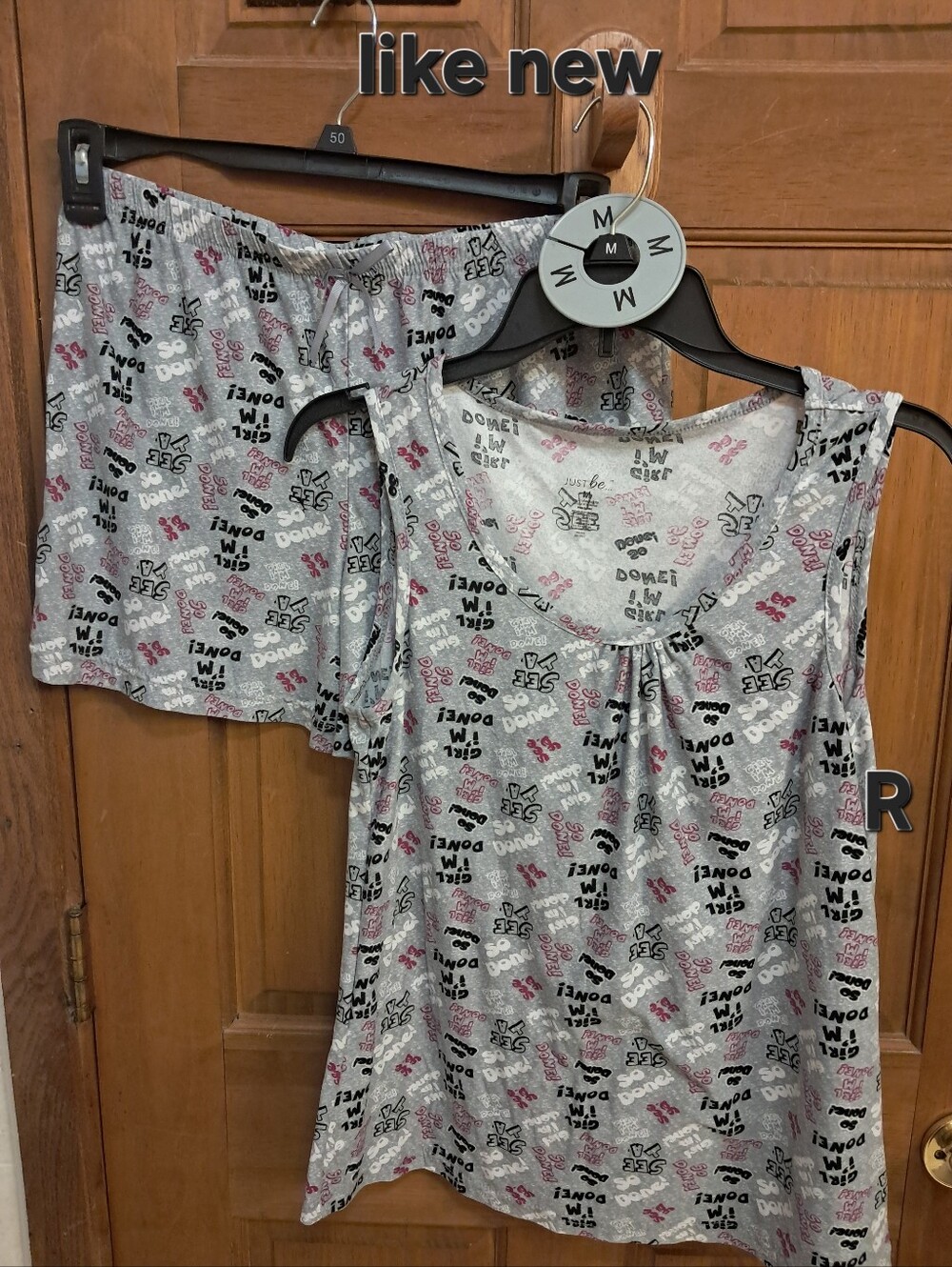 just be Light Gray Tank & Short Pajama Set with Pink and Black Print Like New